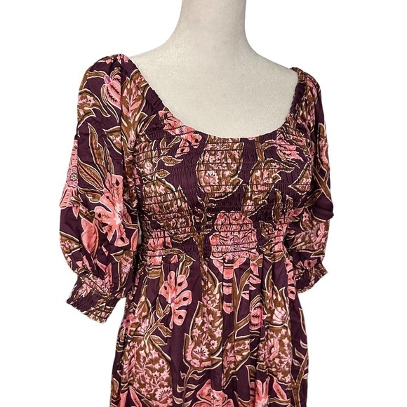 NWT Omika Brown Balloon Sleeve Ruched Upper High Waist Blair Midi Dress Sz Small - Picture 7 of 13